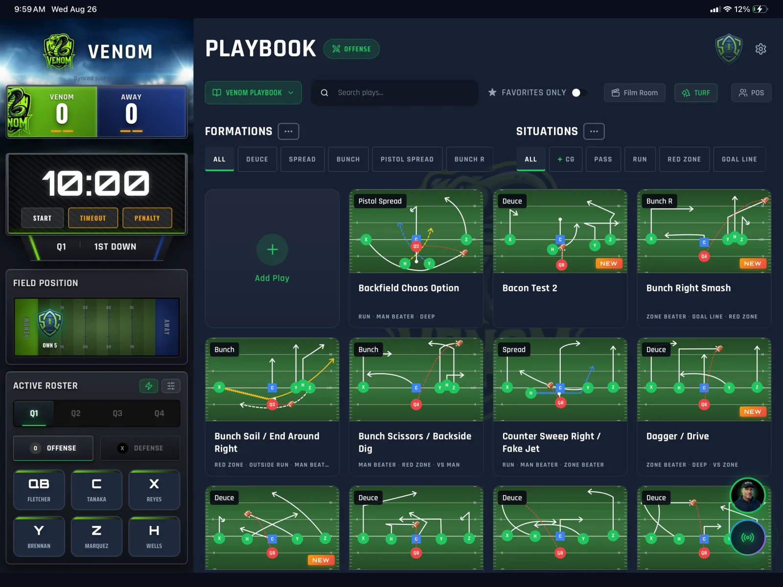 Sideline Command on iPad in full Gridiron mode — score, clock, field-position visualizer and active roster alongside the playbook.