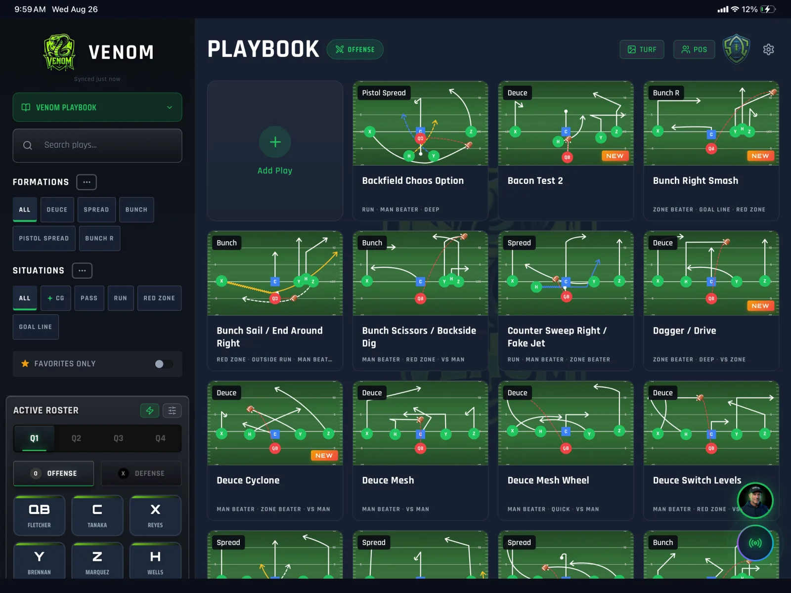 Sideline Command playbook on iPad — the Venom team's plays as searchable cards, filtered by formation and situation, with the active roster down the left.