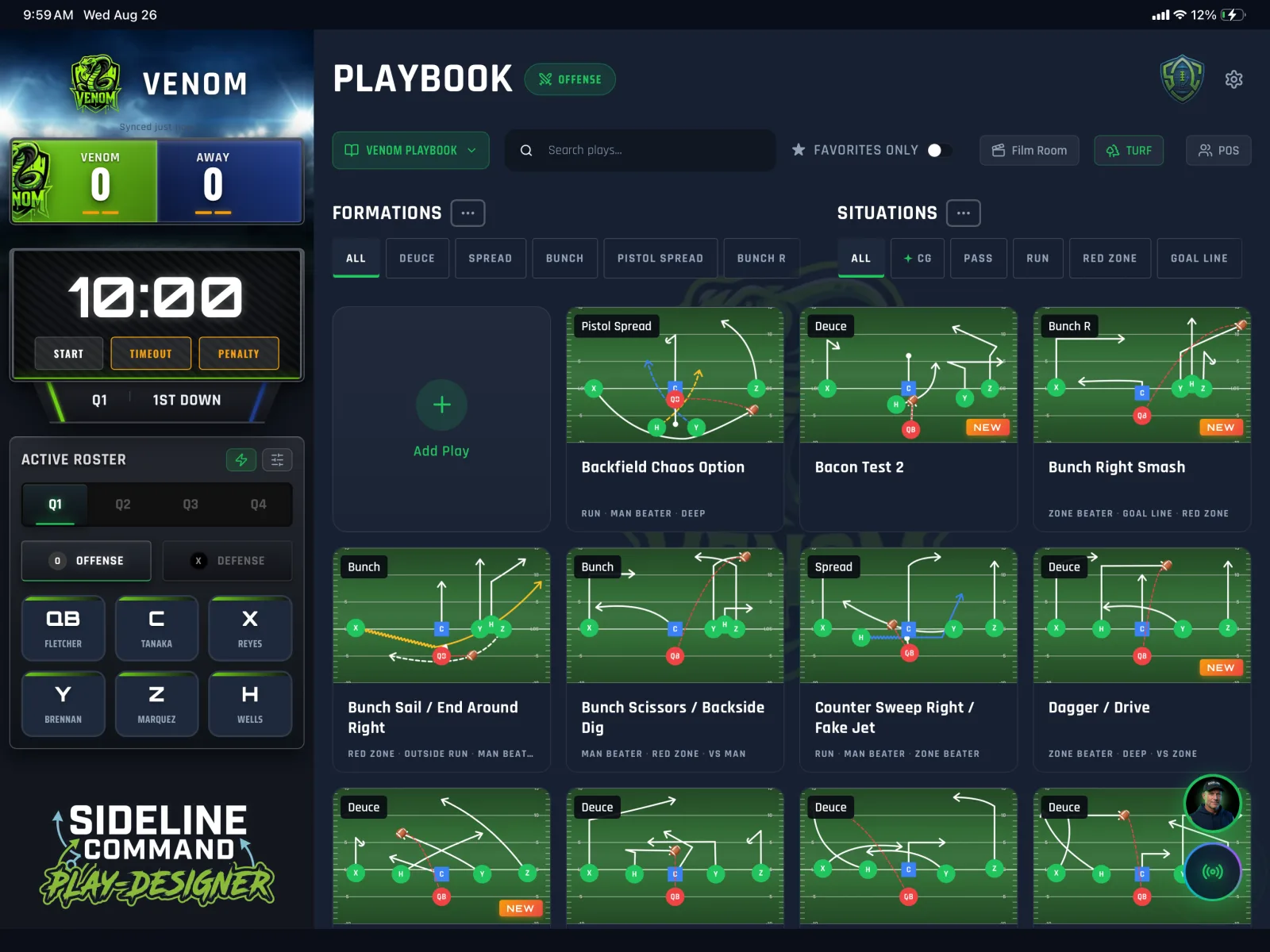 Sideline Command on iPad in casual scoreboard mode — live score, game clock, timeout and penalty controls beside the full playbook.