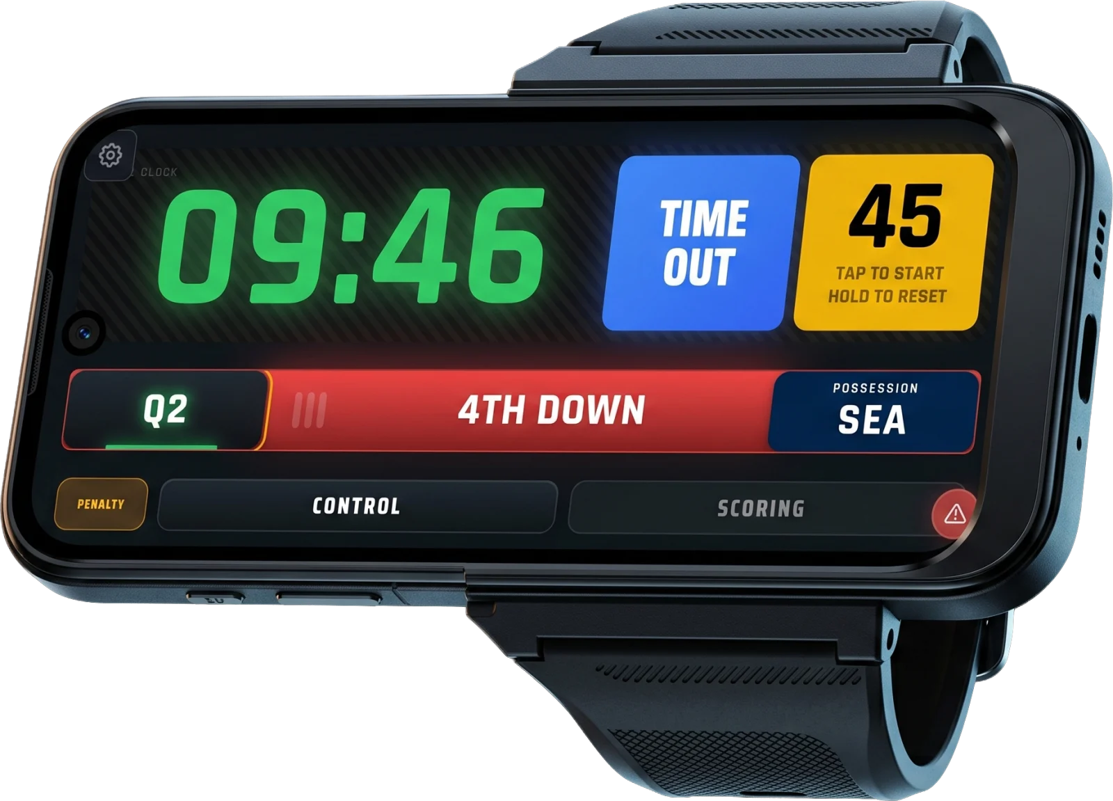 The wrist-worn officiating device on the game-clock screen