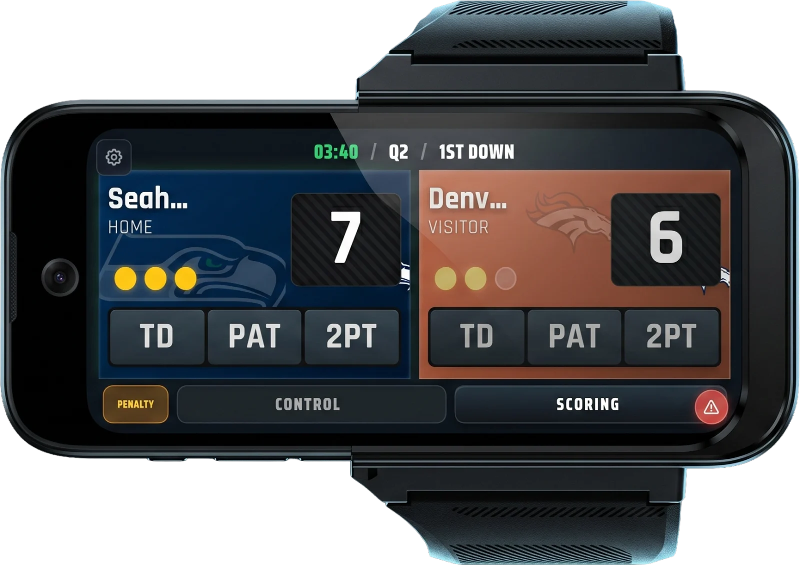 The Sideline Command wrist-worn officiating device on the scoring screen: Seahawks 7, Broncos 6, 3:40 in the second quarter, first down, with the TD, PAT and 2PT keys