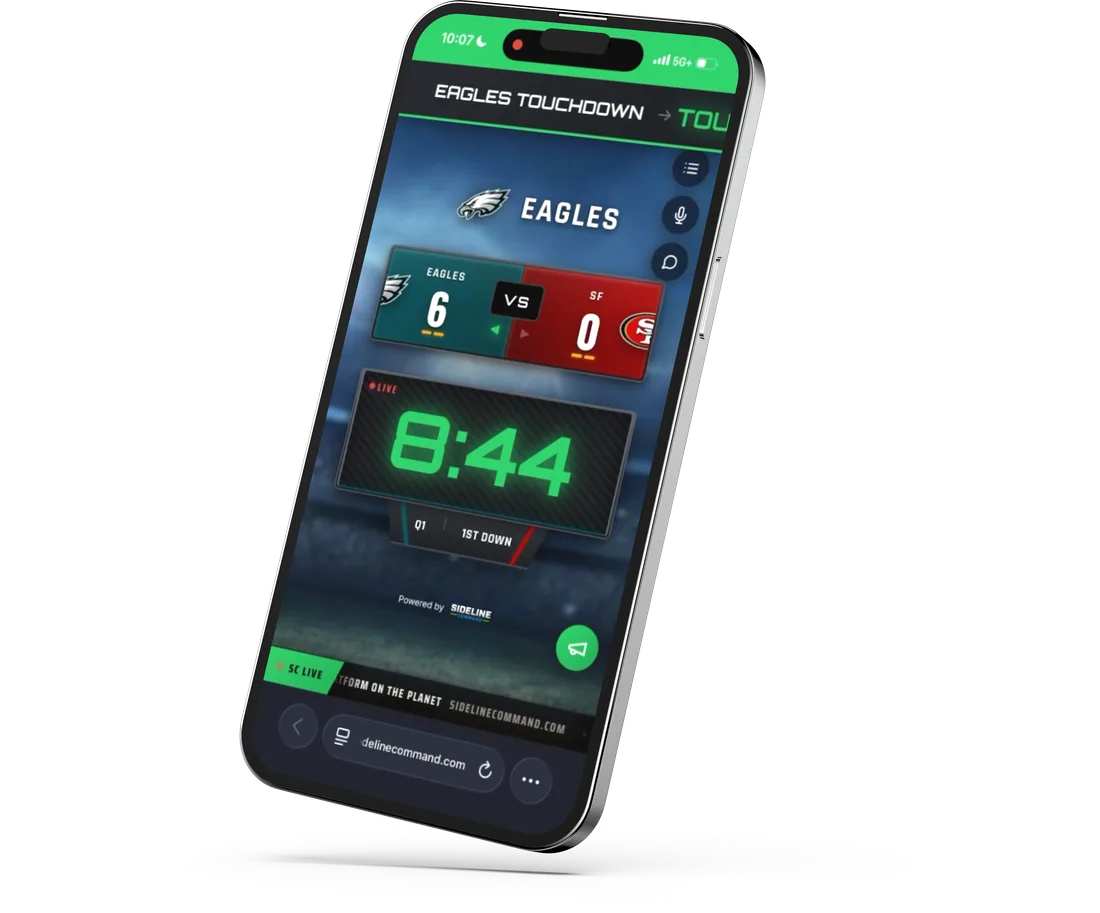 A phone showing the live game: Eagles 6, 49ers 0, game clock 8:44 in the first quarter, a touchdown crawl across the top