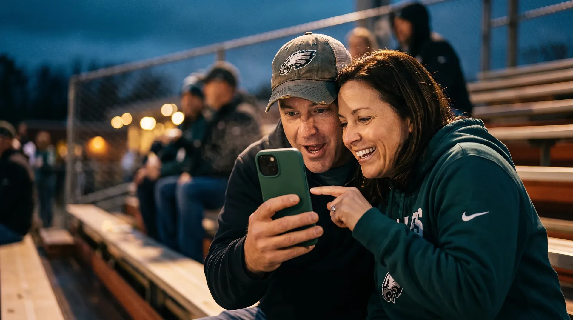 Two parents in the bleachers at a night game, reacting to the live score on a phone