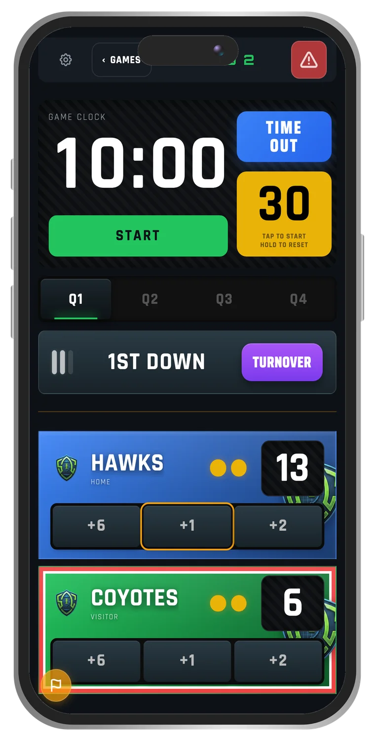 The referee app on an iPhone, mid-game: game clock, play clock, first down, Hawks 13 Coyotes 6 with +6, +1 and +2 score keys