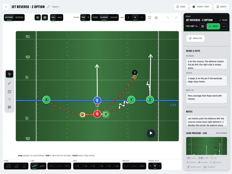 The designer's reads panel filled in: the primary read, the check-down and the defense the play beats.