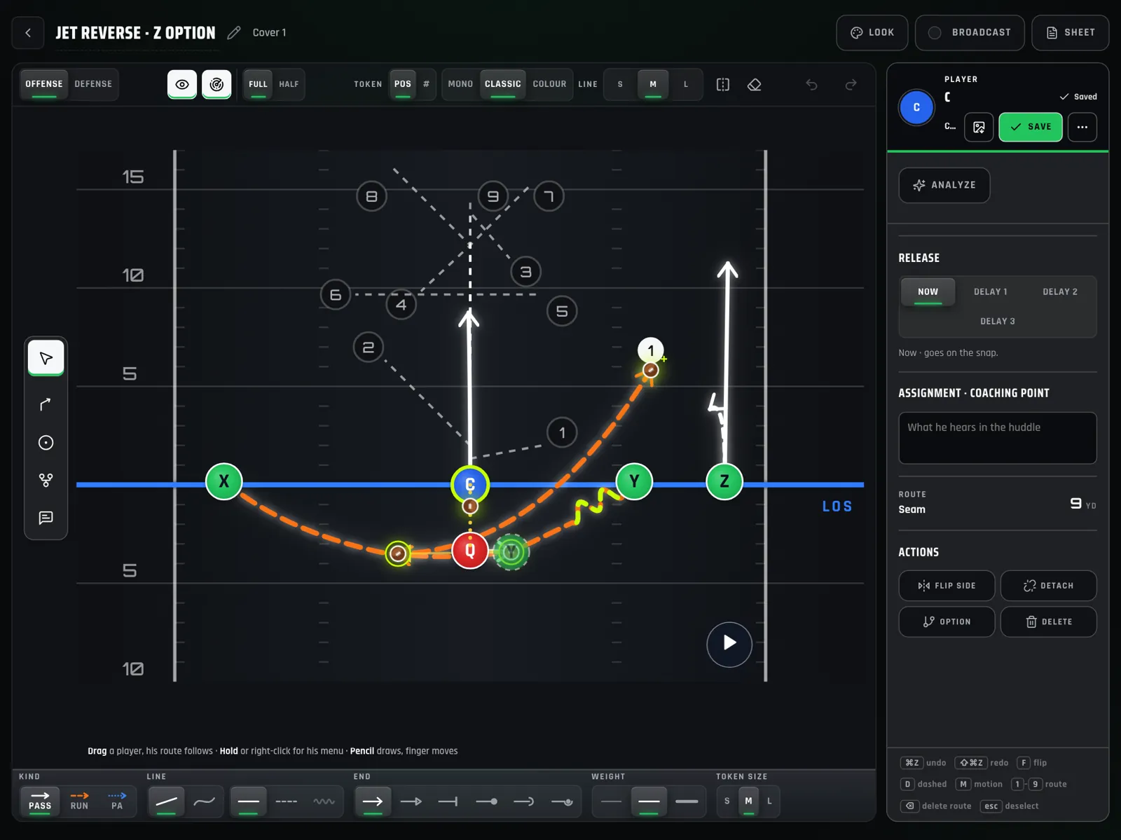 The new Sideline Command play designer in the Broadcast look — the same Jet Reverse with glowing routes on a dark field.