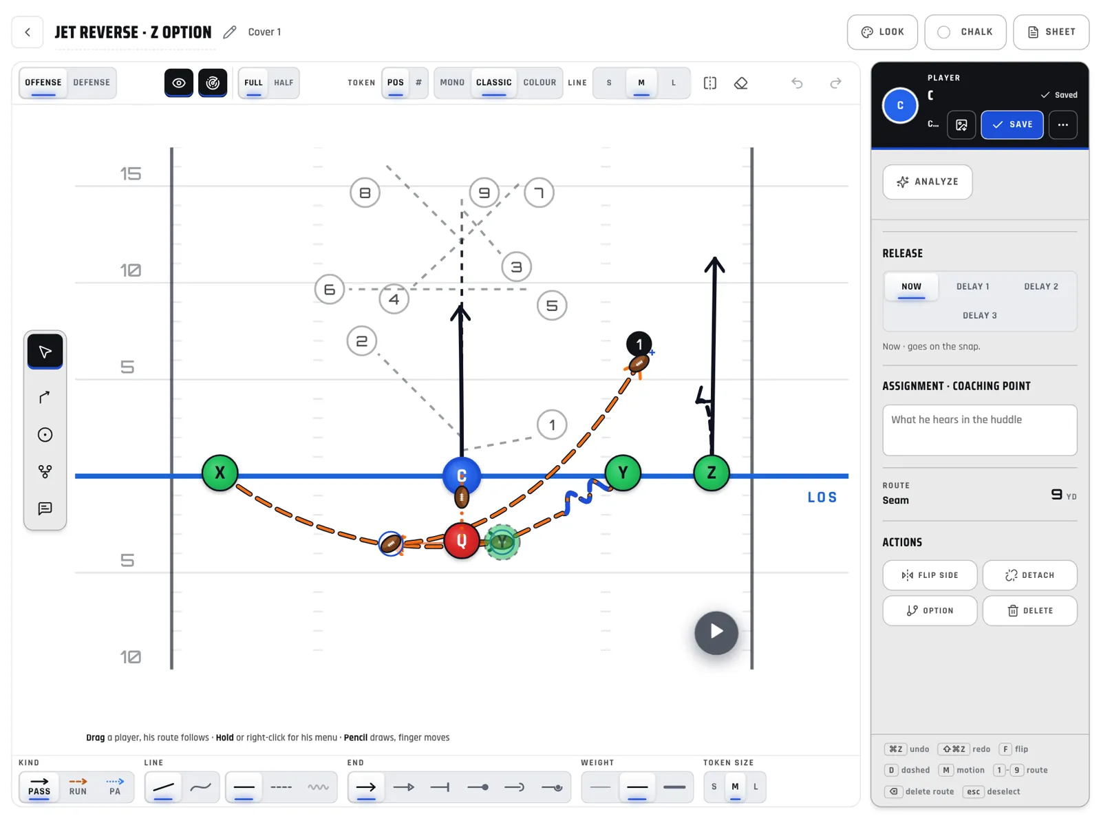 The new Sideline Command play designer in the Chalk look — Jet Reverse, Z Option: Y in jet motion, a handoff to Y then a reverse handoff to X, Z with a Go and a Hitch option, and the route tree open on C.