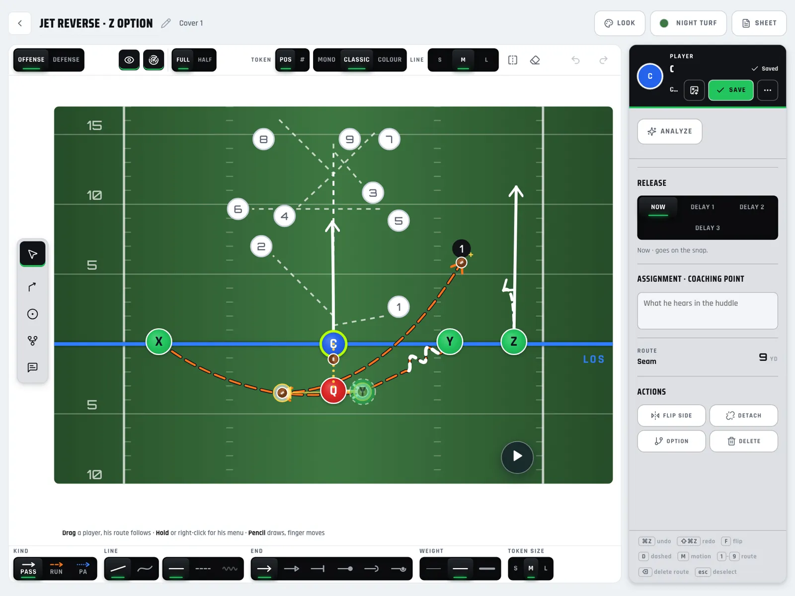 The new Sideline Command play designer in the Night Turf look — the same Jet Reverse drawn on a green field.